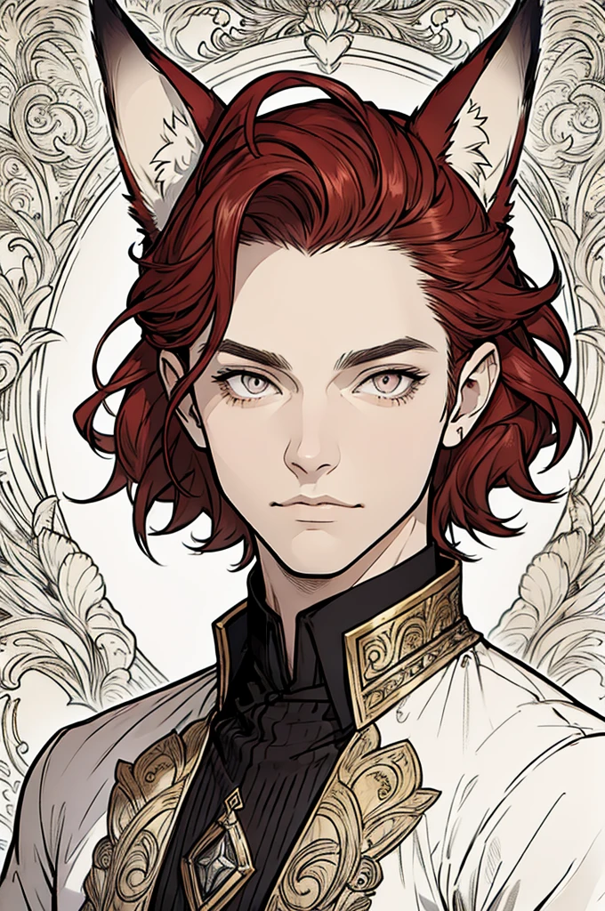 (masterpiece),(Very detailed),(Very detailed),(best quality), lineart, one man, fantasy character with fox ears, silver eyes, ((short red hair)), ((portrait)) tall, stunning, fantasy, beautiful face, animated style, perfect face, highest detail, stubble, detailed face, clothes, intricate details, fantasy background, expressionless, solo,