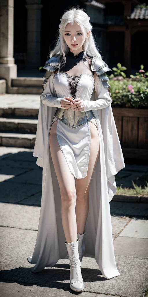 Masterpiece, Highest Quality, RAW Photography, Highest Quality Image, 16K, White Hair. Porcelain skin. Beautiful expressive eyes. Sweet and beautiful face. Fantasy clothing. Fantasy world. Black and white clothes. A slender girl in a fantasy adventurer dress, armor, Mid length dress, shoulder pads and comfortable beautiful clothes. mid-platform boots with Stocking. Full length from head to toe.