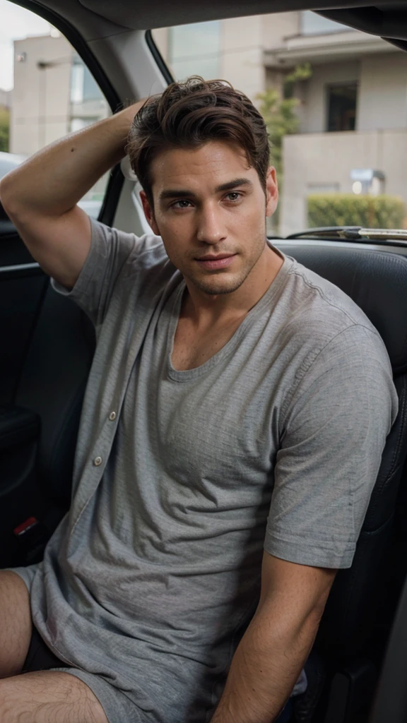 Very handsome man, 29yo, dark brown hair, Wear, Consultation, sitting in the car, long distance shot, Wearing, smirk, realphoto
