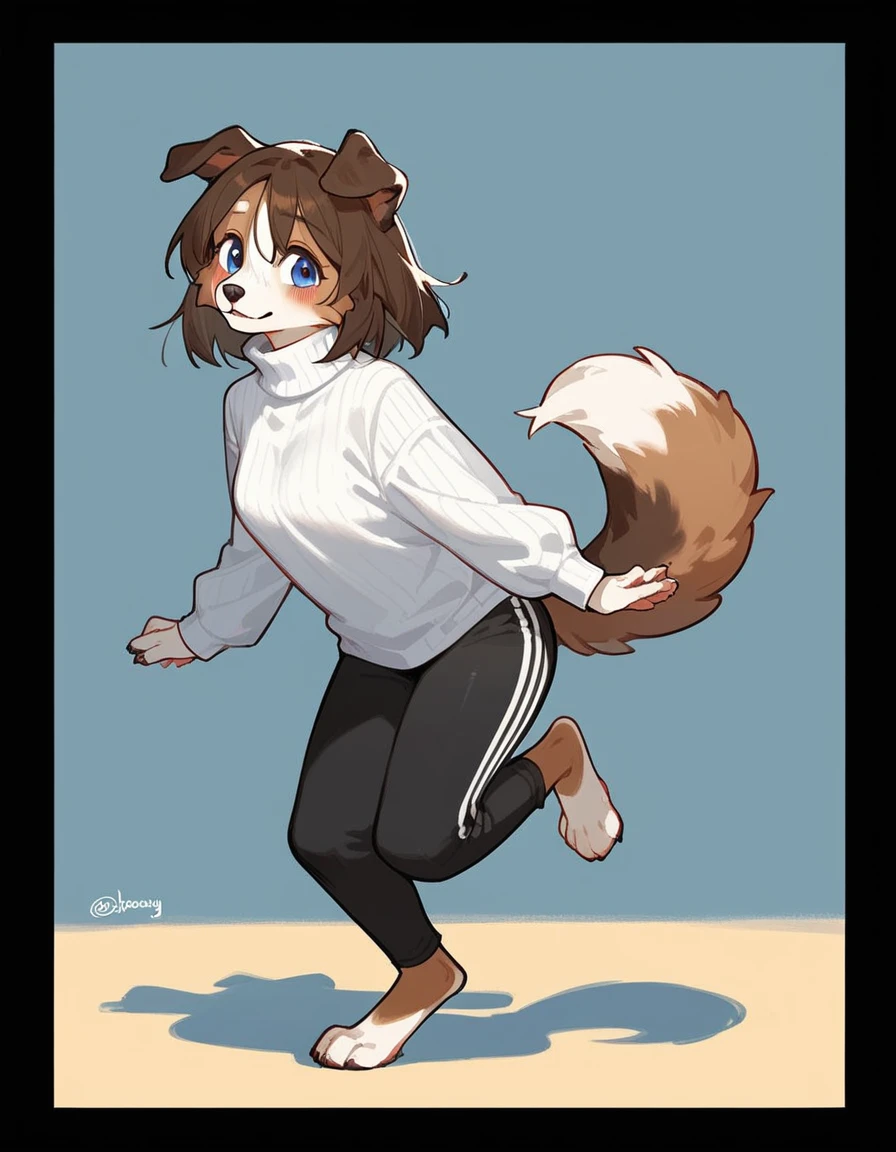 Solo, By fumiko, by hioshiru, female border collie, black and white fur, bushy dog tail, black border collie markings on face, blue eyes, short brown hair, droopy dog ears, wearing white turtleneck sweater, black yoga pants, barefoot, feet paws, 4 toes, standing, playful pose, backyard background