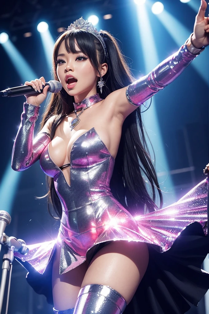 Create a female singing hero, she must have a flashy outfit 