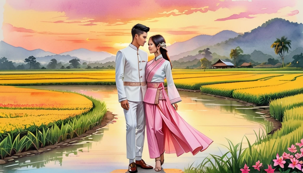 candid fashion illustration of young man and women, 20-27 year old, adorned in a meticulously crafted North Thai traditional outfits, Lampang, ((showcase fashion Lanna style in cotton handwoven in pink)), simple elegant style, The man wears a simple long-sleeved white mandarin collar suit, paired with Tailor pants, and oxford shoes, The woman complements him with ankle-length wrap skirt, simple minimal patterns details, fitted intricately decorated waist-length blouse that complements the skirt, standing, Set against the backdrop of a breathtaking sunset at countryside, Chiangmai, rice farm, wild flower, Captured in full-body image, ((imperfect water color background)), sketching, realistic drawing, imperfect water color painting, fashion look book, fashion illustrator, sketch design, the image boasts high-quality, Lanna, North Thai traditional costume.