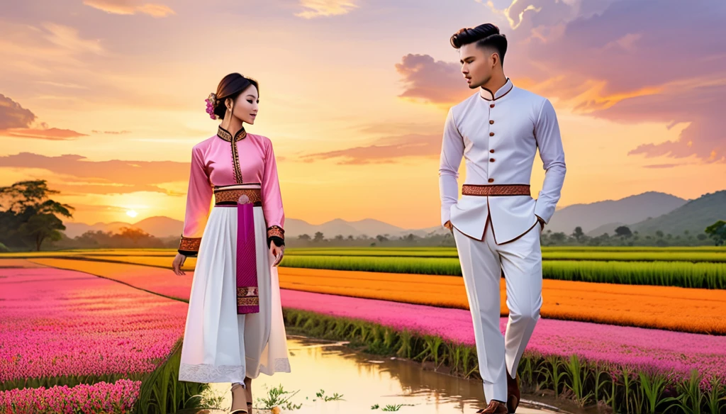 candid fashion illustration of young man and women, 20-27 year old, adorned in a meticulously crafted North Thai traditional outfits, Lampang, ((showcase fashion Lanna style in cotton handwoven in pink)), simple elegant style, The man wears a simple long-sleeved white mandarin collar suit, paired with Tailor pants, and oxford shoes, The woman complements him with ankle-length wrap skirt, simple minimal patterns details, fitted intricately decorated waist-length blouse that complements the skirt, standing, Set against the backdrop of a breathtaking sunset at countryside, Chiangmai, rice farm, wild flower, Captured in full-body image, ((imperfect water color background)), sketching, realistic drawing, imperfect water color painting, fashion look book, fashion illustrator, sketch design, the image boasts high-quality, Lanna, North Thai traditional costume.