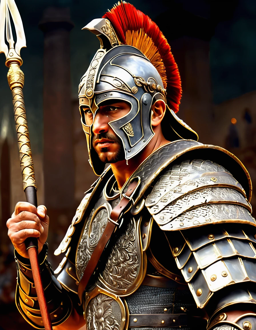 A fierce and battle-worn gladiator, detailed armor, ancient Roman arena, dramatic lighting, chiaroscuro, scars that tell tales, holding a spear, determined expression, longing for freedom, cinematic composition, dramatic shadows, digital painting, 8k, highly detailed, photorealistic, masterpiece