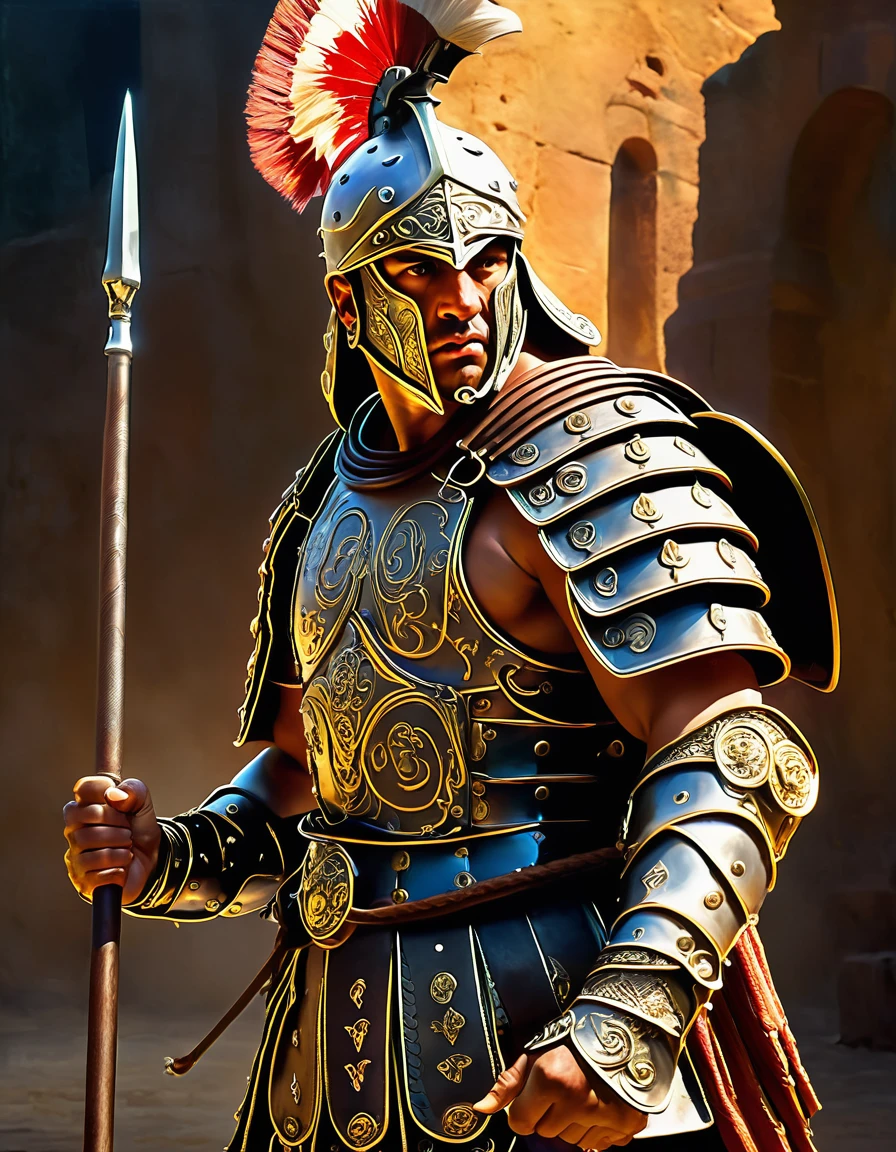 A fierce and battle-worn gladiator, detailed armor, ancient Roman arena, dramatic lighting, chiaroscuro, scars that tell tales, holding a spear, determined expression, longing for freedom, cinematic composition, dramatic shadows, digital painting, 8k, highly detailed, photorealistic, masterpiece