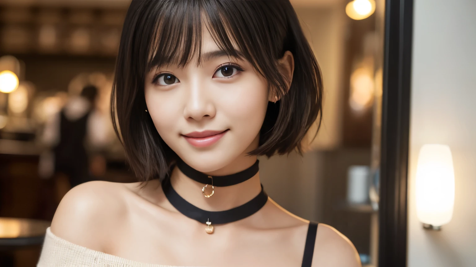Highest quality, masterpiece, Ultra-high resolution, Realistic, 1 girl, Off the shoulder, knit, smile, smile, Slightly visible, Extra Large_sweater, Soft lighting, Detailed skin, bangs, Black Hair, Clear Eyes, Short Bob Hair, Transparency, Inside the cafe, Japanese, Beautiful woman, Upward glance, Lip gloss, Black Thick Choker, tears, Mole on chest, Eye highlights, Inside the cafeでの撮影