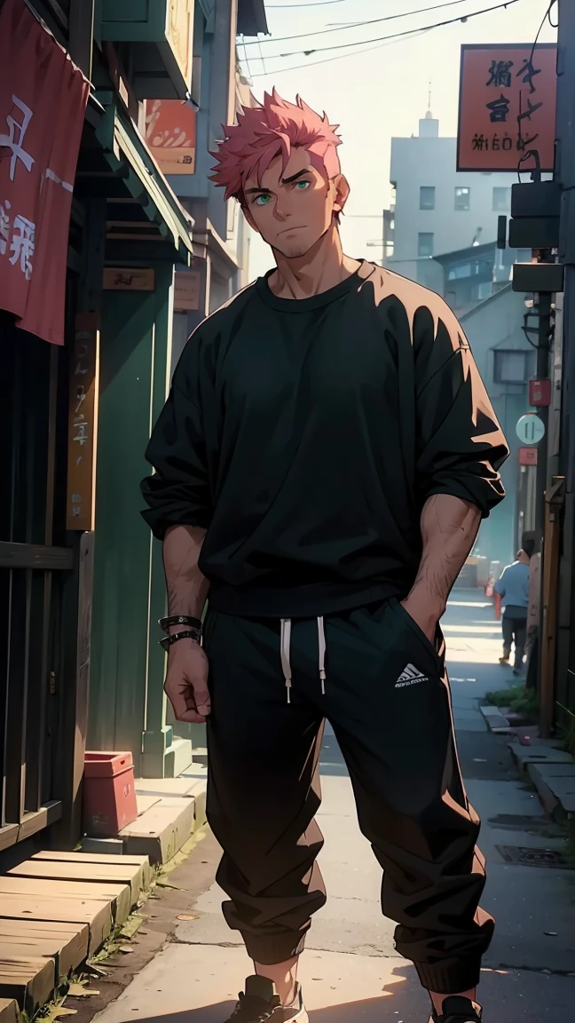 ruined, 1 man, myself, epic composition, strong man, city, market alley of a Japanese city, walks through a market alley, there are stalls to the left and right of the alley,(masterpiece, best quality: 1.2), male focus , 1 man, RyomenSukuna, trained body, hands in pockets, black sweater, sweatpants (Masterpiece:1.3),(Best Quality:1.2),8K,Absurdity,Unity 8k- Background Image,(extremely detailed:1.3),highest,high resolution,amazing,illustration,beautiful soft studio light,stunningly beautiful,incredibly absurd,vivid details,cinematic lighting,mood lighting,award winning,professional,highly detailed,informative,gazing at a viewer ,(short hair, 1 man, standing, dark pink hair, hairstyle: side cut), green eyes, male focus, spiky hair, looking at the viewer, wearing sweatpants and black shirt , sweatpants, black shirt, smile