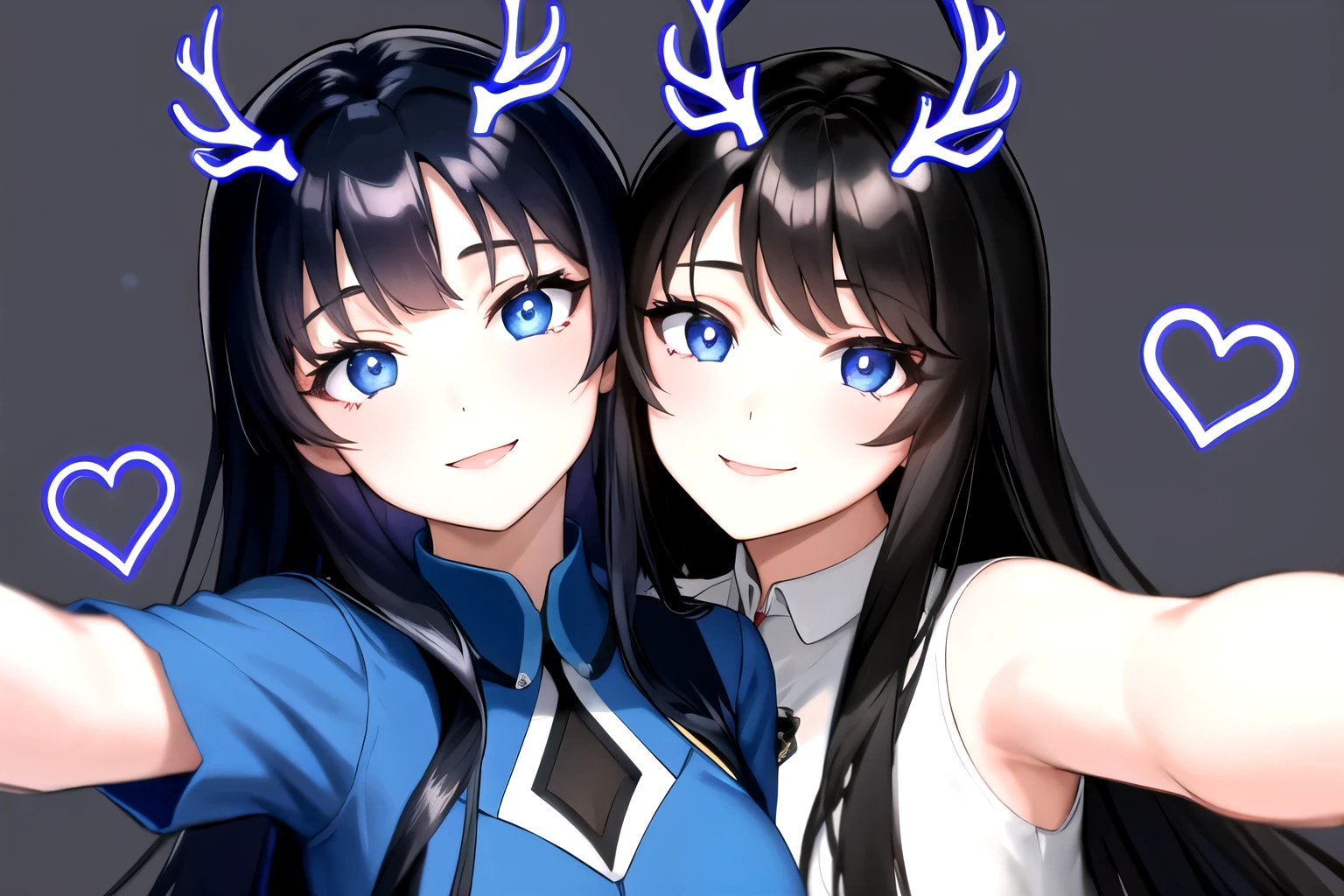 2girl,hires,high resolution, neonfacefilter,( antlersfilter:1.1), heartsfilter, blue face filter, face filter, shirt, cheek to cheek, smile, upper body, selfie, picture, black hair, blue eyes,heart hands, oceansimple background