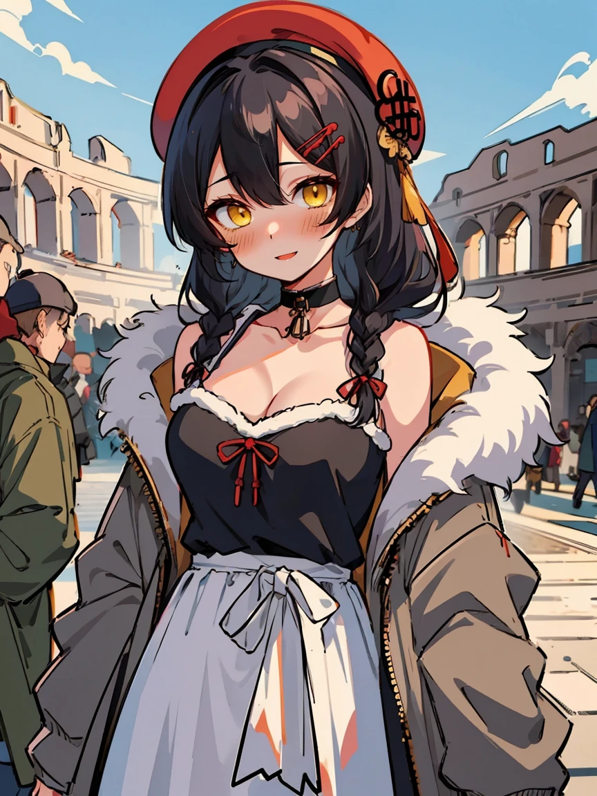 (masterpiece:1.2), (high quality:1.2), girls with((1girl, solo, black hair, yellow eyes, (hui xiyi, rekkyo sensen, rekkyou sensen, wavy long hair, red beret, braidshairclips:1.3), blush, breasts, choker, cleavage, coat, cowboy shot, blue lace dress, camisole, ribbon waist belt, black ribbon belt, red bow, red ribbon, neck ribbon, collar, collarbone, rosary, rosary choker, cross, fur, fur trim, parka, khaki hoodie, green hoodie, khaki jacket, hood down, hooded coat, hooded jacket, hoodie, jacket, large breasts, long sleeves, medium breasts, open clothes, open coat,open hoodie, sleeveless, winter clothes, zipper, cleavage, upper body)), background with((shanghai, sky, blue sky, colosseum, stage, flower, castle, scenery, shrine, sky))