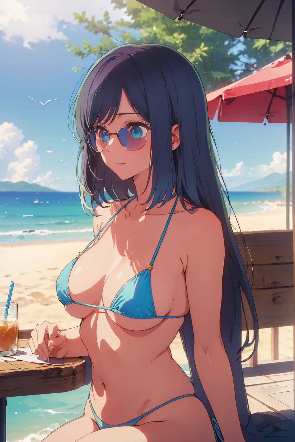 (Highest quality:1.4、masterpiece:1.4、Super detailed:1.4、8k:1.4)、((((1 person、Surprised expression、sit、Cafe Terrace、coastal、juice、table、Sandy Beach、juiceのグラスを持つ、Micro Bikini、Very soft 、Big eyes、Very cute face))))、(big Areolas protrude from micro bikini:1.4、Large sunglasses:1.4)、F cup bust、Medium breast、Underboob