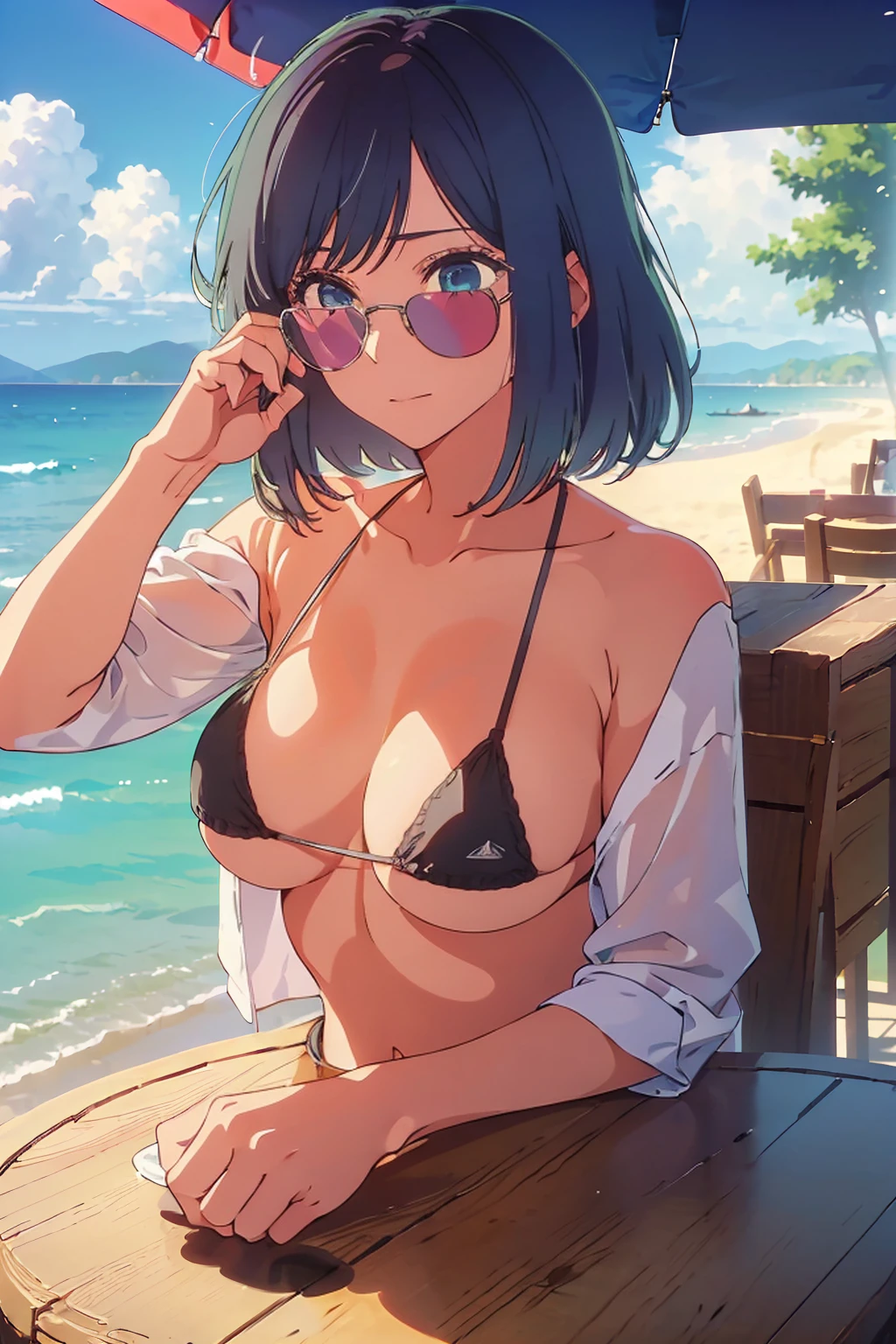 (Highest quality:1.4、masterpiece:1.4、Super detailed:1.4、8k:1.4)、((((1 person、Surprised expression、sit、Cafe Terrace、coastal、juice、table、Sandy Beach、juiceのグラスを持つ、Micro Bikini、Very soft 、Big eyes、Very cute face))))、(big Areolas protrude from micro bikini:1.4、Large sunglasses:1.4)、F cup bust、Medium breast、Underboob