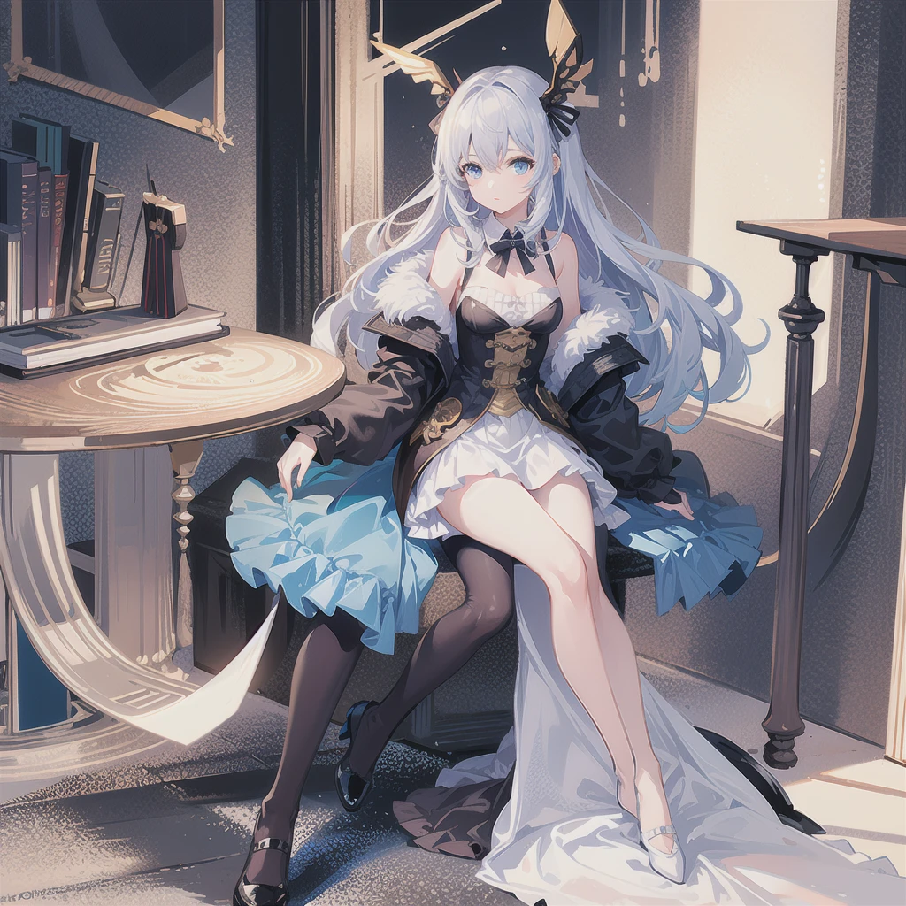 Highest quality, Ultra-high resolution, One girl, cute, Blue Eyes, highlight, Steampunk background, Natural body pose, Professional Photographer, library、Sitting in a chair、Writing notes