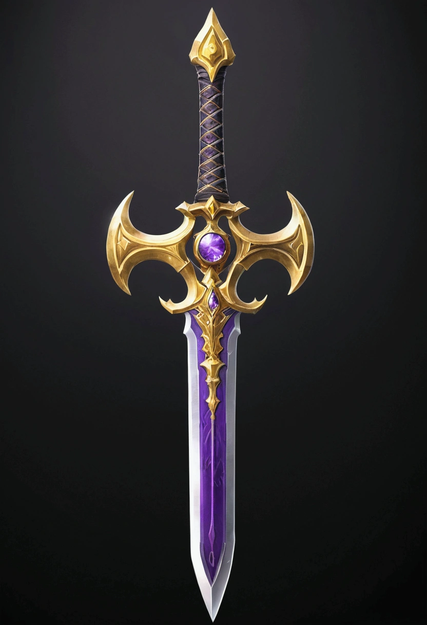 a close up of a sword with a gold and purple design, sword design, fantasy sword, huge sword, fantasy rpg weapon art, beautiful sword, greatsword, fantasy sword of warrior, greatsword, Gold sword, epic fantasy weapon art, war blade weapon, warcraft blizzard weapon art, weapon concept art, intricate fantasy spear, chainsword in the other, rpg game item, sword inside the shield, Ronan third class style from the game Grand Chase, black with gold details