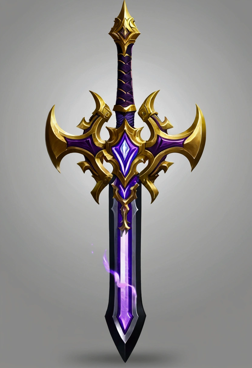 a close up of a sword with a gold and purple design, sword design, fantasy sword, huge sword, fantasy rpg weapon art, beautiful sword, greatsword, fantasy sword of warrior, greatsword, Gold sword, epic fantasy weapon art, war blade weapon, warcraft blizzard weapon art, weapon concept art, intricate fantasy spear, chainsword in the other, rpg game item, sword inside the shield, Ronan third class style from the game Grand Chase, black with gold details