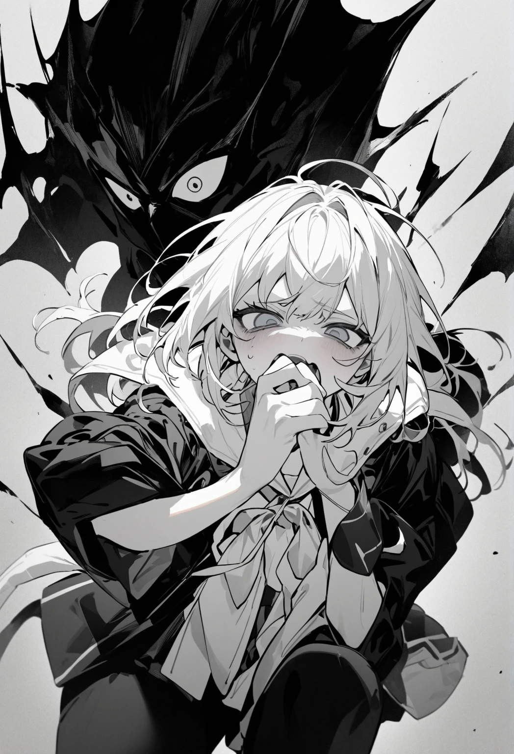 high school student、uniform、whole body,Slanted Eyes、aggressive、Narrow eyes:1.5、Bad mood、newest、Black and White、Lack of color、tone、Hold your hand over your mouth in surprise、