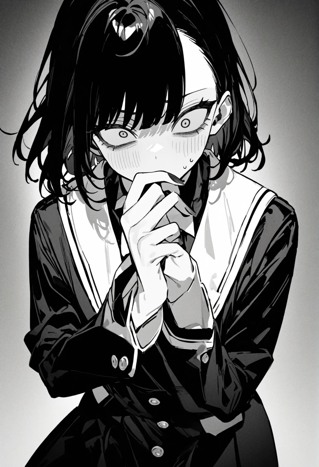 high school student、uniform、whole body,Slanted Eyes、aggressive、Narrow eyes:1.5、Bad mood、newest、Black and White、Lack of color、tone、Hold your hand over your mouth in surprise、