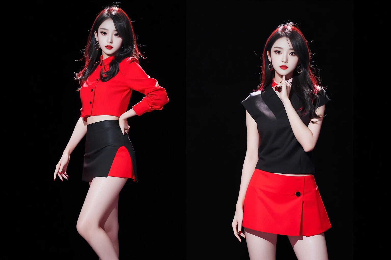 Photo style Highest quality Black background Red mini skirt cool Beautiful woman with good style