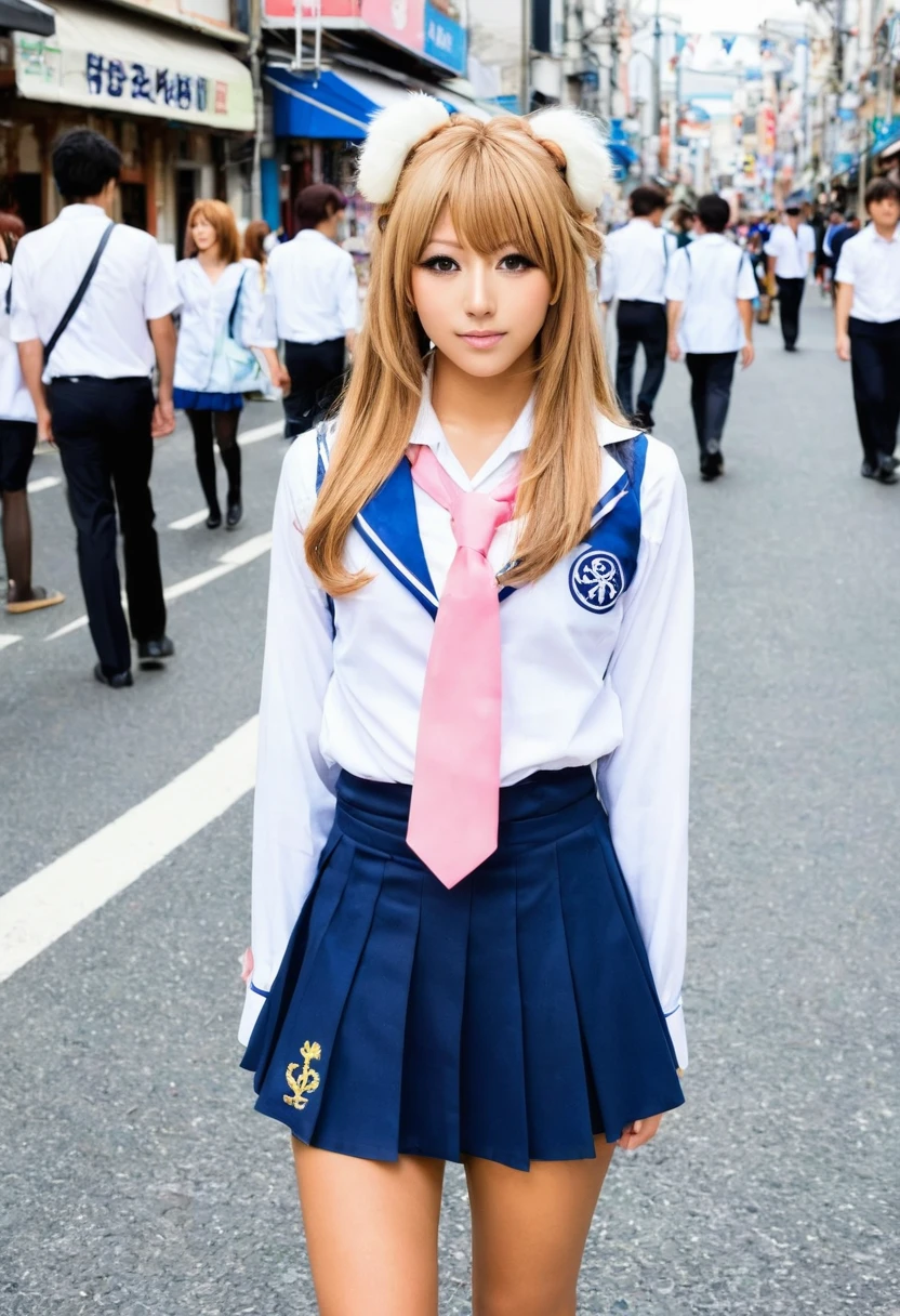 Une belle femme maquillée en gyaru portant un uniforme scolaire dans les rues animées de Gintama, entouré de vendeurs, beau portrait d&#39;une superbe fille déesse, beau visage détaillé, peau de porcelaine, tir à moitié du corps, centré,(il est noir,nombril:1.2),((Clair de lune,nuit,gros néons,éclairage au néon fort,éclairage de jante,éclairage bicolore))),