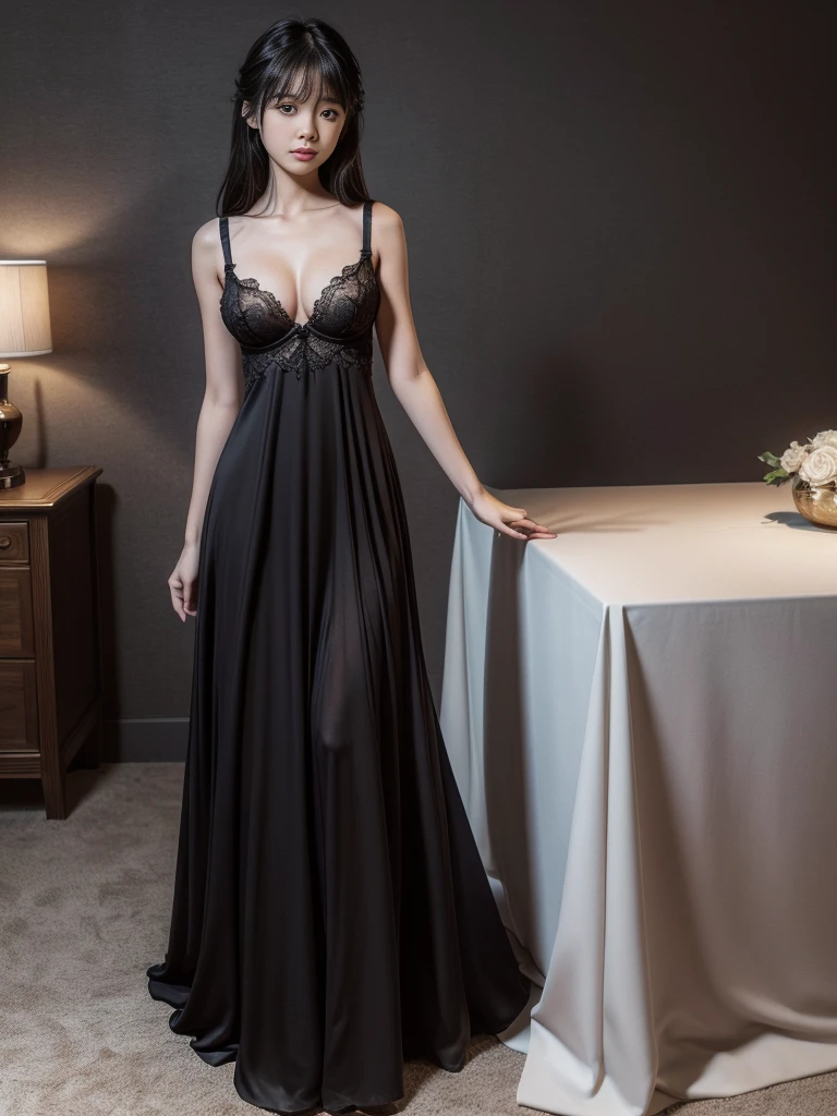 Panties, (Full body image:0.5), (bra:1.1),(Highly detailed CG 8k wallpaper, masterpiece, Highest quality, Super detailed), (Better lighting, Better Shadows, Very delicate and beautiful), Beautiful woman, Very sexy body, Detailed small breasts, Look straight into the camera, With a sexy look, (Black evening dress:1.3),living room