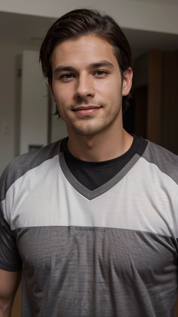 Very handsome man, 29yo, dark brown hair, Wear, Consultation, playing football, long distance shot, Wearing, smirk, realphoto