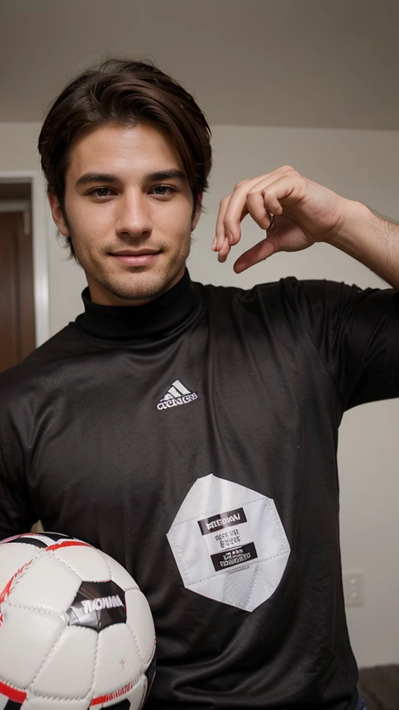 Very handsome man, 29yo, dark brown hair, Wear, Consultation, playing football, long distance shot, Wearing, smirk, realphoto