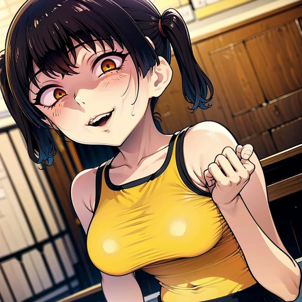 Sasaki Kanna gives a vacuum fellatio to a thick dick in a gesugao, Yellow Tank Top, underboob, Sweat, Black hair twin tails, Guess face, smile, crazy Smile, 勝ち誇ったsmile, Pushing her big breasts together, Her body is like that of a slender elementary school student, but her breasts are large.,