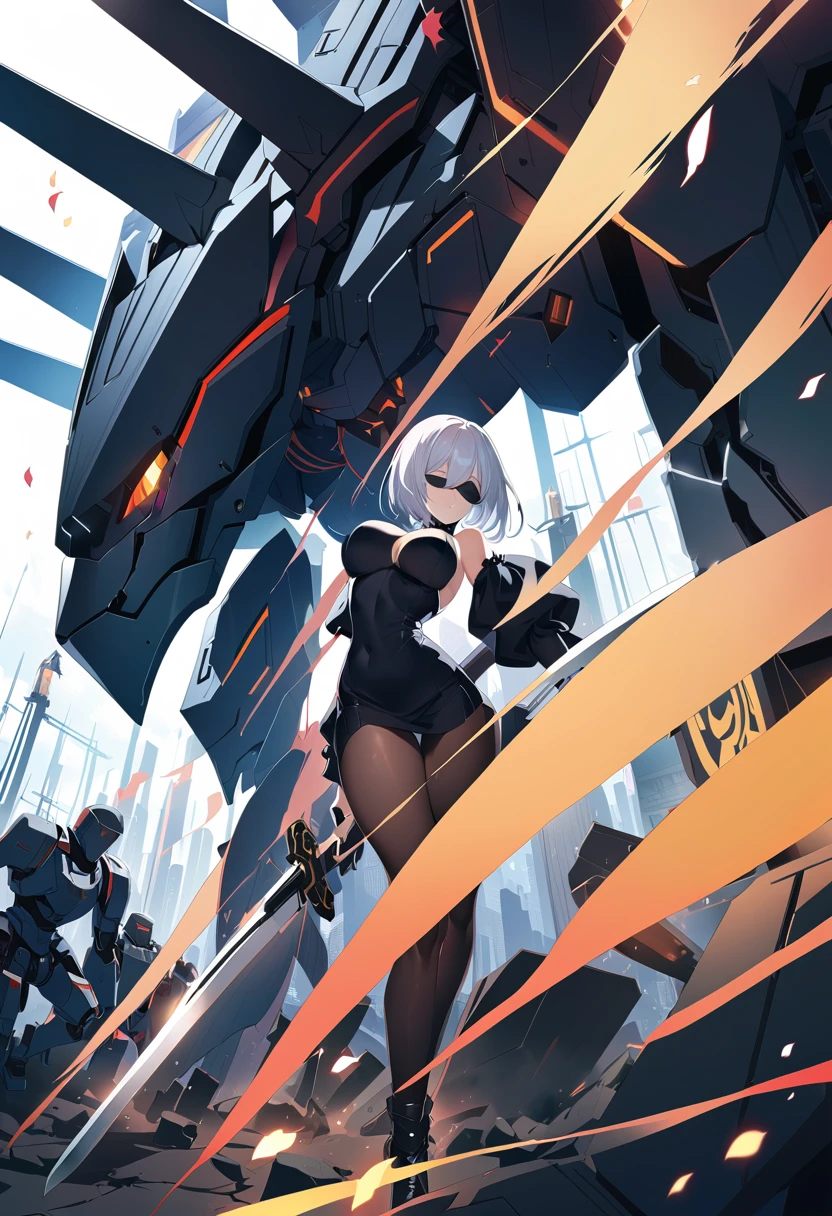 2B Nier Automata,masterpiece, 最high quality, High resolution,  Black clothes 、Black Pantyhose、Dark church at night、Wear a miniskirt、Thin legs、Big Breasts、Slim figure、high quality　CG Tone、Gray Hair、Black blindfold、Short Bob、Surrounded by mechanical soldiers、Cutting a mechanical soldier with a sword、stylish、Japanese sword、Clothes get torn