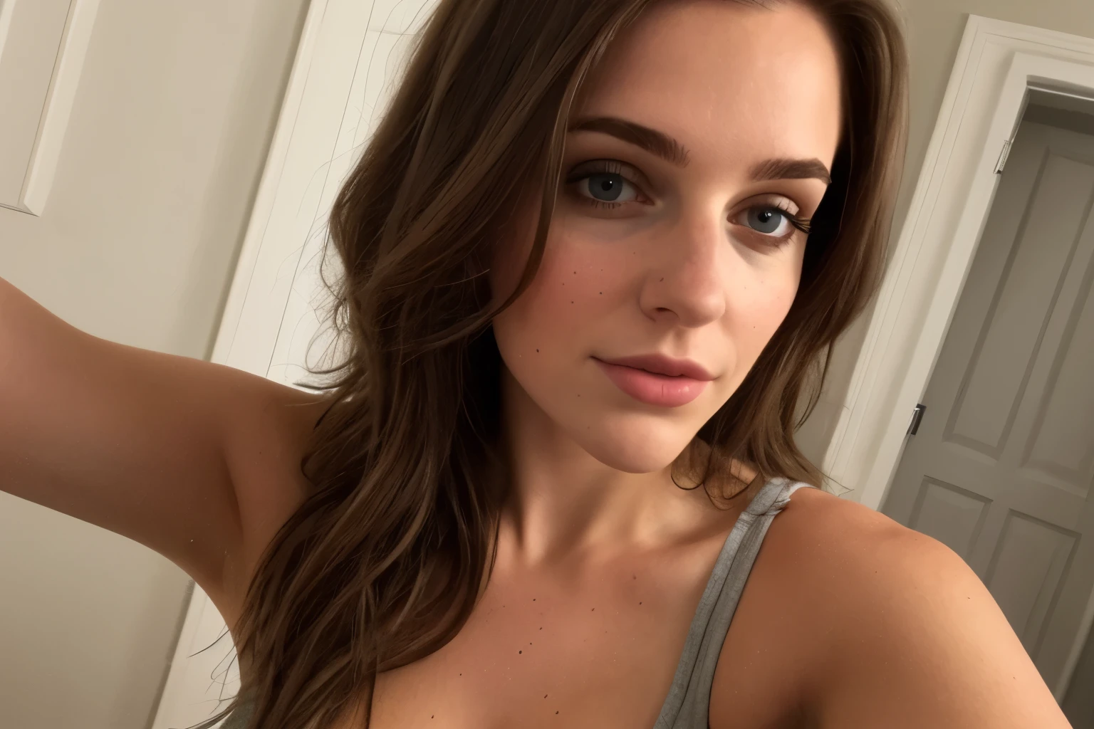 a selfie d'a pretty young woman, prise avec l'appareil photo de l'iPhone, big chest, corps parfait