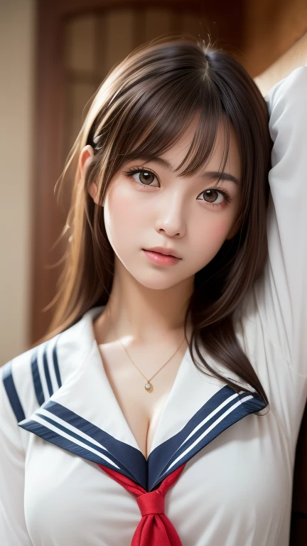 One girl, (Highest quality:1.4), (Very detailed), (Very detailed美しい顔), Great face and eyes, Iris, Black Hair, (Sailor suit, school uniform:1.2), (Cleavage), Smooth, Very detailed CG 統合 8k 壁紙, High resolution raw color photos, Professional photography, light, Backlight, dream-like, impressive, Depth of written boundary