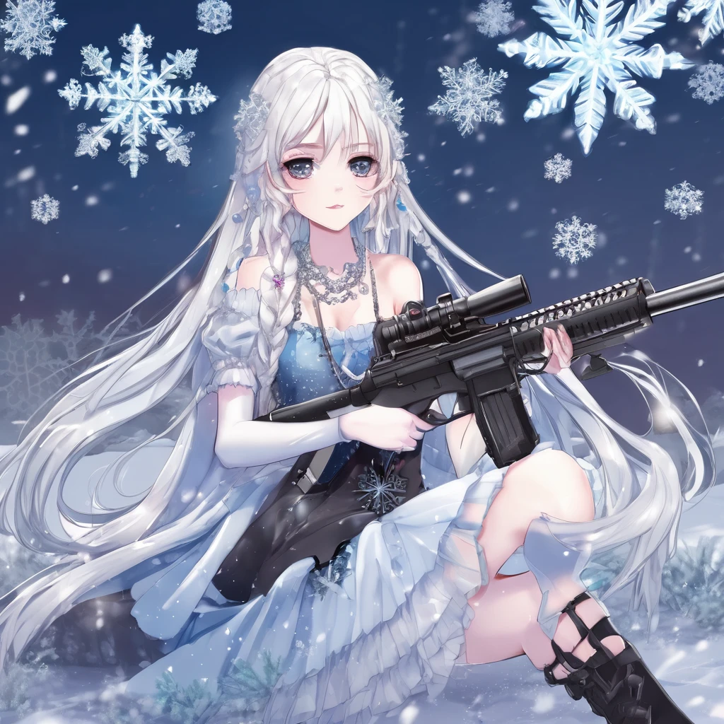 eah, ice, holding, crystalwinter, long hair, snowflakes, cross-laced footwear, white footwear, very long hair, gun, necklace, holding flower, 1girl, teeth, dress, eyelashes, upper body