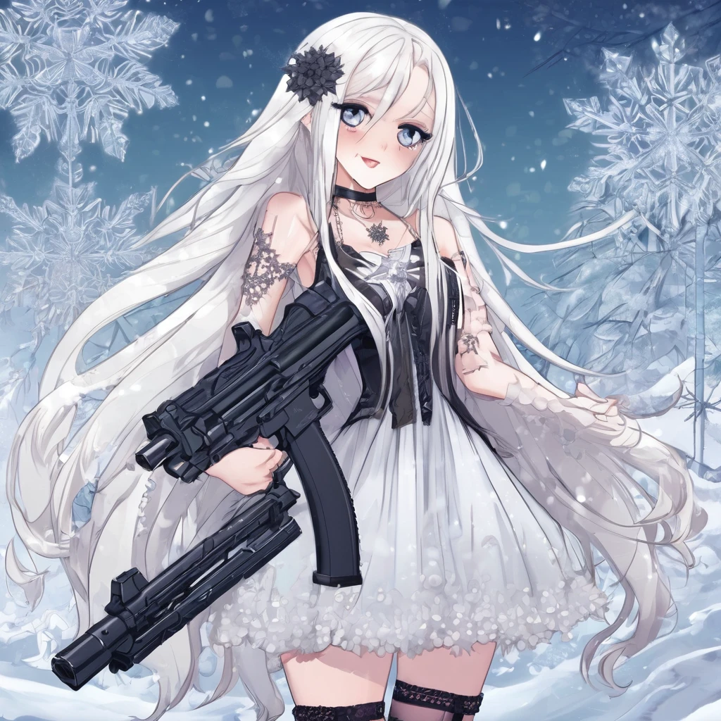 eah, ice, holding, crystalwinter, long hair, snowflakes, cross-laced footwear, white footwear, very long hair, gun, necklace, holding flower, 1girl, teeth, dress, eyelashes, upper body