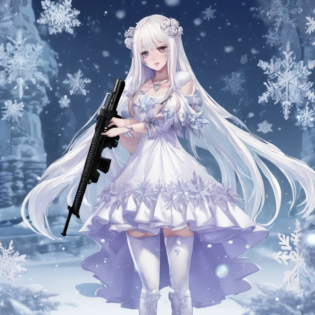 eah, ice, holding, crystalwinter, long hair, snowflakes, cross-laced footwear, white footwear, very long hair, gun, necklace, holding flower, 1girl, teeth, dress, eyelashes, upper body