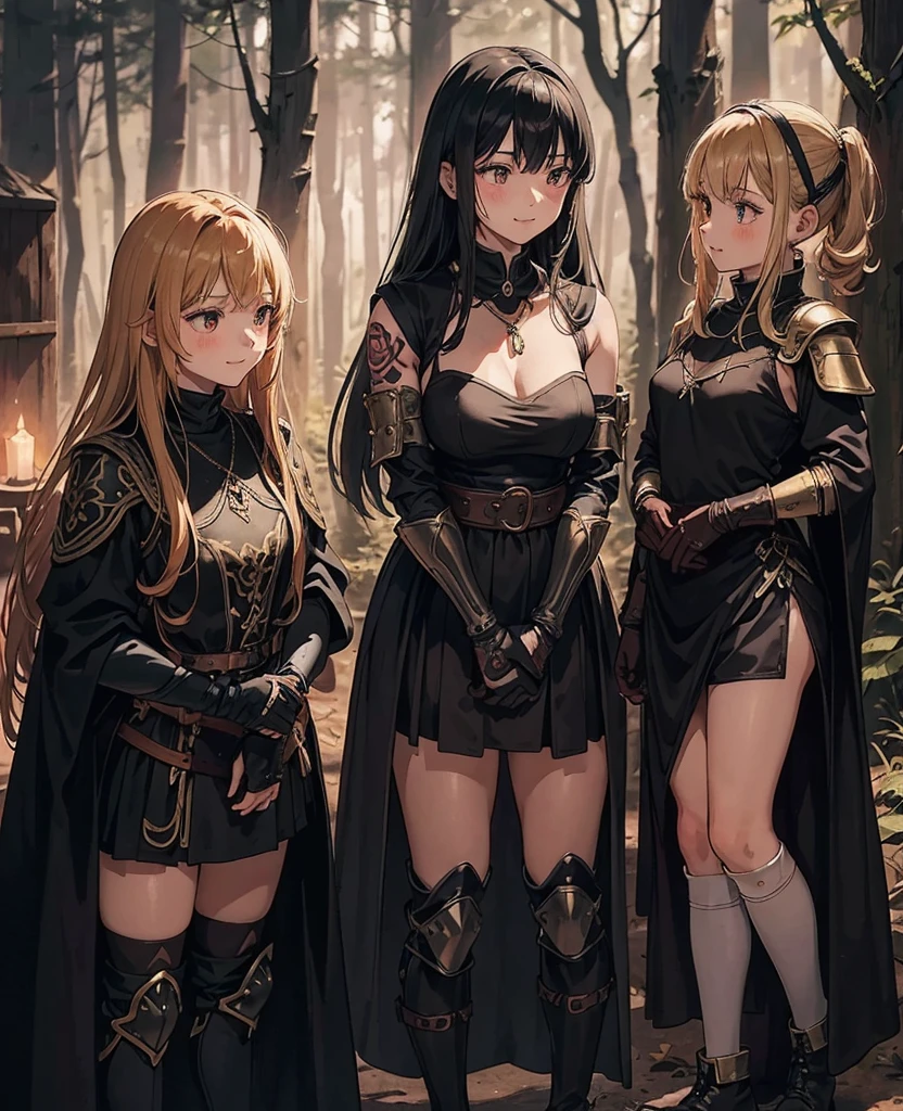 a group of beautiful witch girls in the middle of a forest in the night, tribal tattoo ,multiple girls, five girls, light armor ,elbow pads, knee pads, red and blonde hair , standing girl young girl, gloves, elbow pads, boots, smiles, small breasts, long black dress, necklaces, full body,