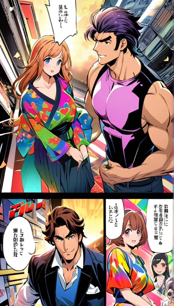 Comic city hunter style,A handsome 30-year-old man and a 25-year-old beauty,rich and colorful,Japanese manga artist Tsukasa Hojo'style,depth of field,Overclocked renderer,movie lighting,Ultra-fine,super detailed,CG art,