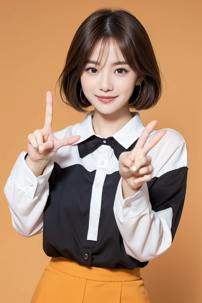 A cute anime-style girl is standing and making peace signs with both hands. She has short brown hair and large brown eyes, and is wearing a white blouse paired with an orange skirt. The background is simple, emphasizing her bright and cheerful expression