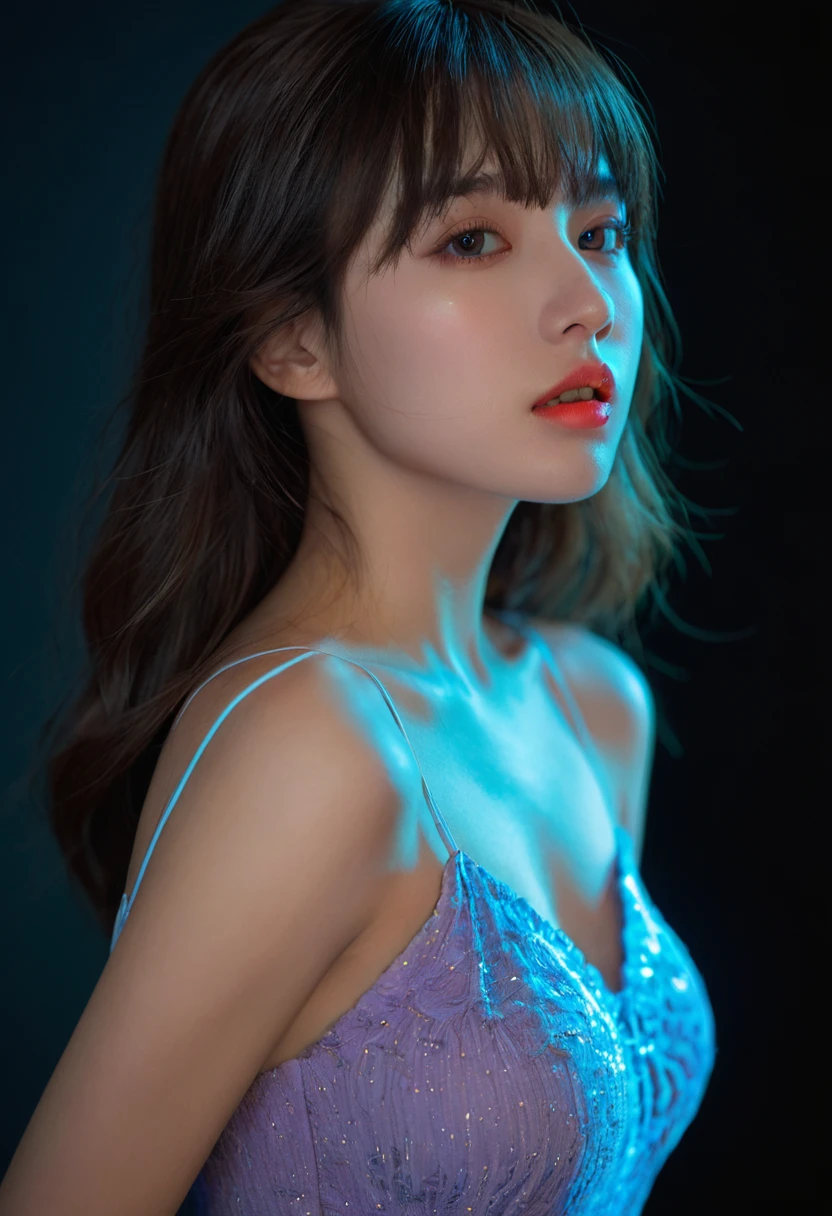 8k, best quality, 1 Girl, (Skin Indentation), night, (dark), Indoor clear background, (people), Beautiful bangs, Gorgeous,, (Clothing and:1.3),Soft lighting, attractive, dark Room, (mouth close:1.2, beautiful eyes, Delicate eyes, Detailed iris, Beautiful lips, Beautiful nose, Pretty Face),(primary color:1.5)，(Ambient Light:1.5)，(Neon light:1.8),(Radioluminescence:1.3),