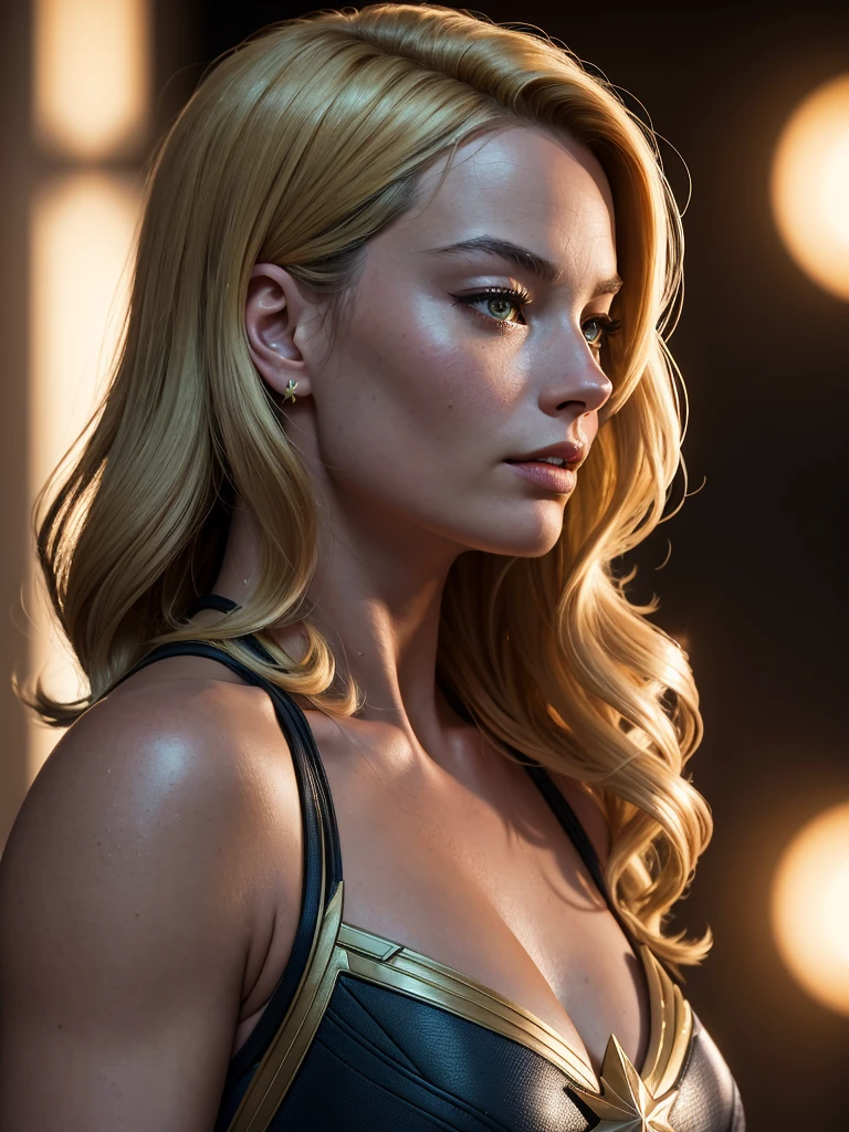 side view ,masterpiece,MARGOT ROBBIE, a woman, CAPTAIN MARVEL, cleavage, high detailed skin texture, 8k, Bright lighting, face lighting,  (extremely detailed CG unity 8k wallpaper), trending on ArtStation, trending on CGSociety, High Detail, Sharp focus, dramatic, beautiful background, full shoot, high quality, (beautiful face), (detailed face), beautiful hands