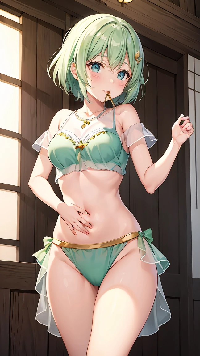 Girl with short green hair, Small breasts, Green Eyes, White Casual Wear Beauty Special、((((Peachy Butt)))),The whole body from head to toe、(Belly dance)、Dancer、National costume、See-through、Angle Shot、Decoration、Luxury accessories、片足を軸にrotateして踊る、((Cover your mouth with a cloth))、Graceful dance、Captivating gestures、Elegant、Rotate、rotate、