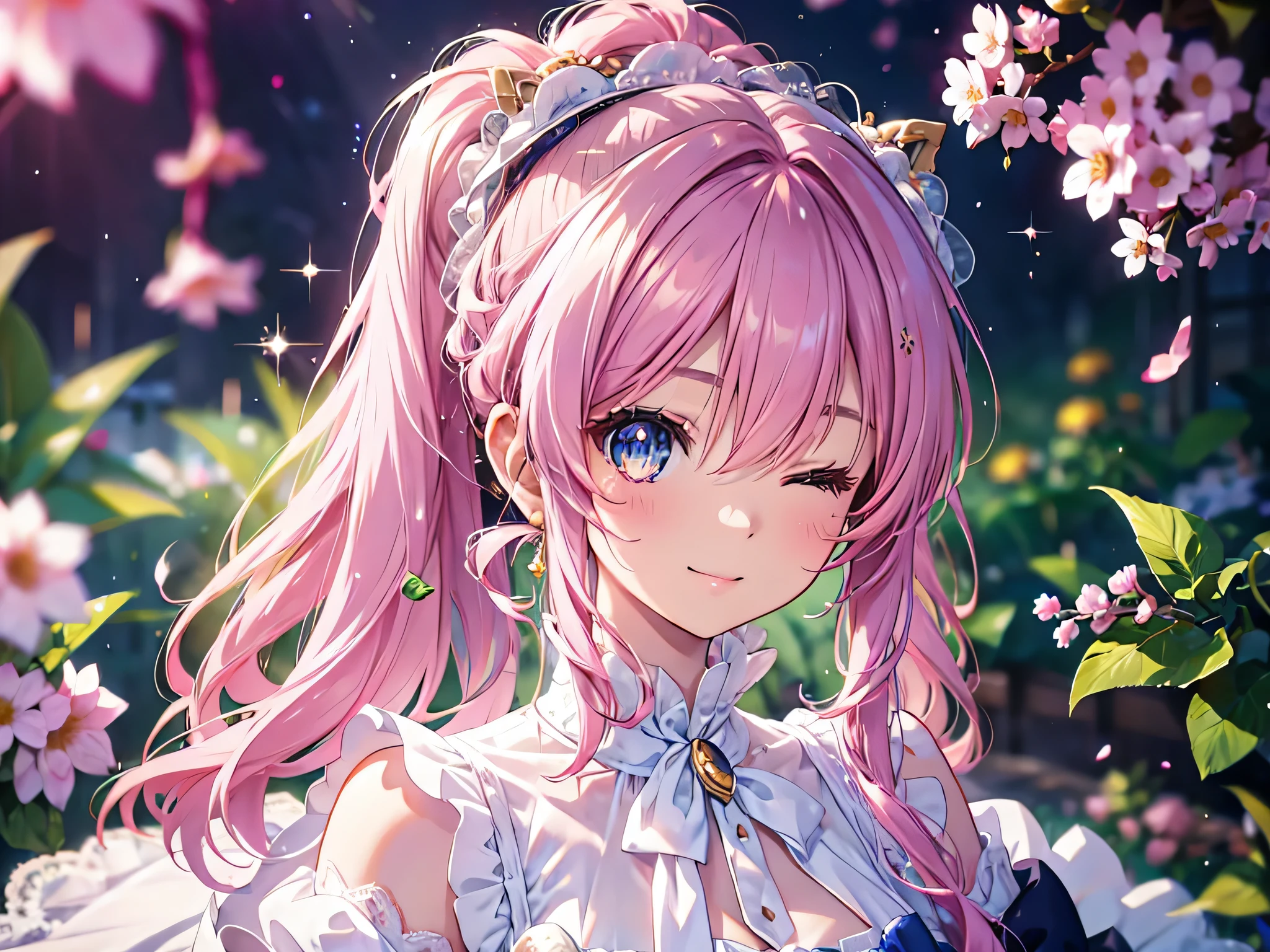 ((ultra detailed, exquisite quality, absolutely resolution)), (anime moe art style:1.3), (((young face solo princess))), ((incredibly cute rococo victorian gown with long hems, voluminous princess style skirt, elaborate lace gown:1.5)), (huge breasts), breasts cleavage, breasts focus, (hair pink hair:1.5), ((fluffy long Expressive ponytail)), ((leaning forward, looking up, from above, front view, facing at viewer:2)), kawaii face, head tilt, (one eye closed, happy smile:1.5), put index finger on mouth, ((face focus, eyes focus, blurry background, depth of field:2)), (isometric 3D, octane render, ray tracing:1.5), cinematic shadows, backlighting, particle effect, caustics, super detailed skin, (hyper detail delicate eyes), (eyes blue eyes), (lot's of colorful flowers, sparkling glass classic greenhouse:1.5), (Cut off pink-hair),