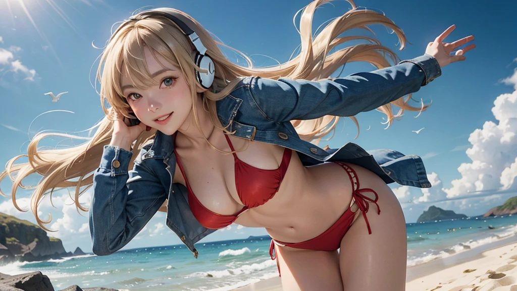masterpiece、high resolution 8k、NSFW、sharp focus、contrast lighting、fine skin、muste piece、 highest quality、Ultra - High resolution、Super high resolution、Highly detailed CG、1girl,standing,a beach,sea,The sky is clear and blue,a few scattered clouds,sunny day,seagull, a red bikini top,blue denim jacket shorts,long blonde hair hair,smiling,headphone,