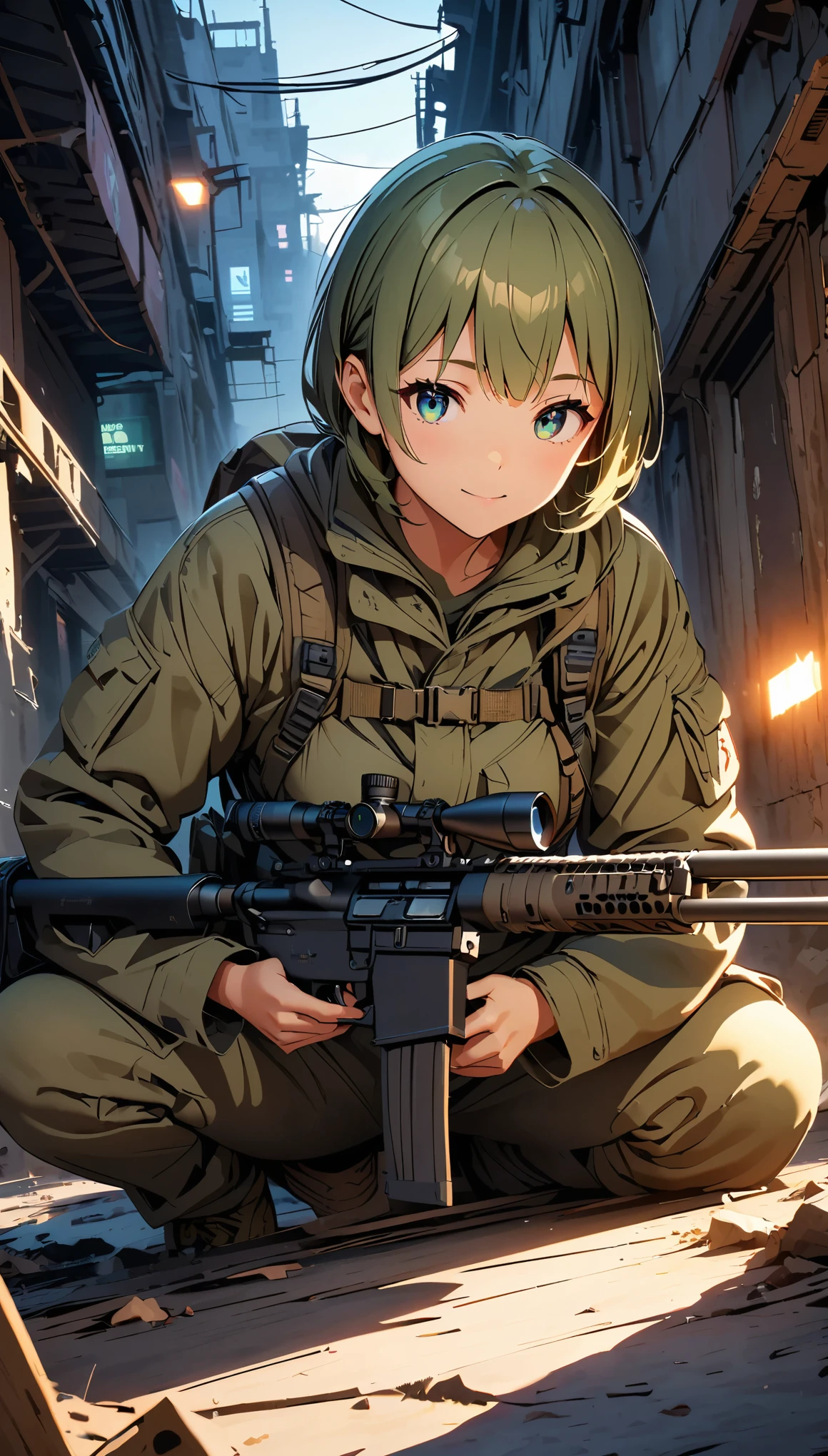 Detailed Sniper、Super detailedな狙撃兵のイラスト、1 Sniper、Sniper rifle、Night vision goggles、Camouflage、Detailed Firearms, military environment、Dark atmosphere lighting、Dramatic Shadows、Highly detailed face and eyes、Digital illustration、Cinematic composition、masterpiece、8k、Super detailed、Anime Style、Dramatic lighting、military environment、A calming color palette