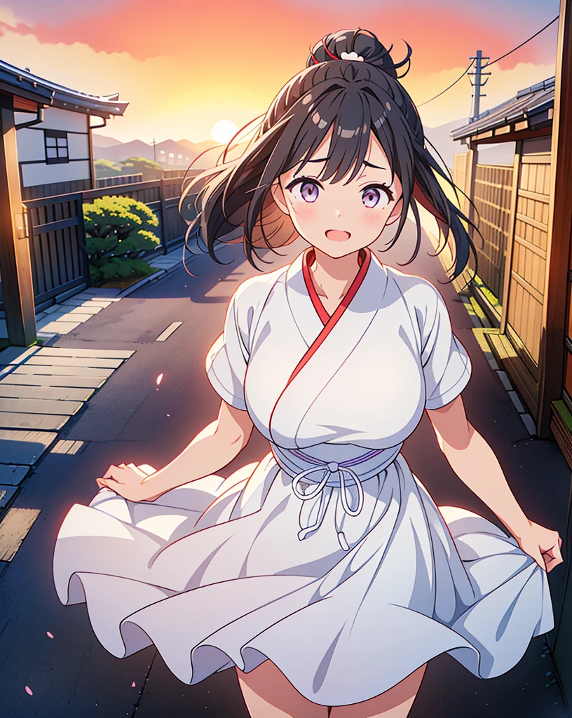 (Highest quality, 32k, High resolution, Masterpiece:1.5, ), god々It has a brilliant shine and the power to exorcise demons., One Girl, Expressing emotions, Have a rich imagination, Beautiful Japanese Girls, Perfect Human Anatomy, Magical big eyes, Motherhood and generosity, Deep Love, fleeting smile, Shiny black hair, Ponytail swaying in the wind, Asymmetrical bangs, Hair between the eyes, Transparent, soft white skin, Sharp eyebrows, Thin lashes, Natural Makeup, Cheek highlighter, Detailed and cute lips, ((Traditional streets of Japan:1.2)), ((White simple dress:1.4)), ((Red sunset sky:1.1)), Slim figure with ample breasts, Beautifully detailed skies, god秘的