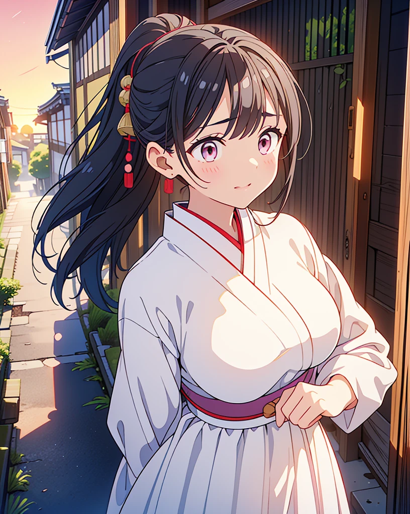 (Highest quality, 32k, High resolution, Masterpiece:1.5, ), god々It has a brilliant shine and the power to exorcise demons., One Girl, Expressing emotions, Have a rich imagination, Beautiful Japanese Girls, Perfect Human Anatomy, Magical big eyes, Motherhood and generosity, Deep Love, fleeting smile, Shiny black hair, Ponytail swaying in the wind, Asymmetrical bangs, Hair between the eyes, Transparent, soft white skin, Sharp eyebrows, Thin lashes, Natural Makeup, Cheek highlighter, Detailed and cute lips, ((Traditional streets of Japan:1.2)), ((White simple dress:1.4)), ((Red sunset sky:1.1)), Slim figure with ample breasts, Beautifully detailed skies, god秘的