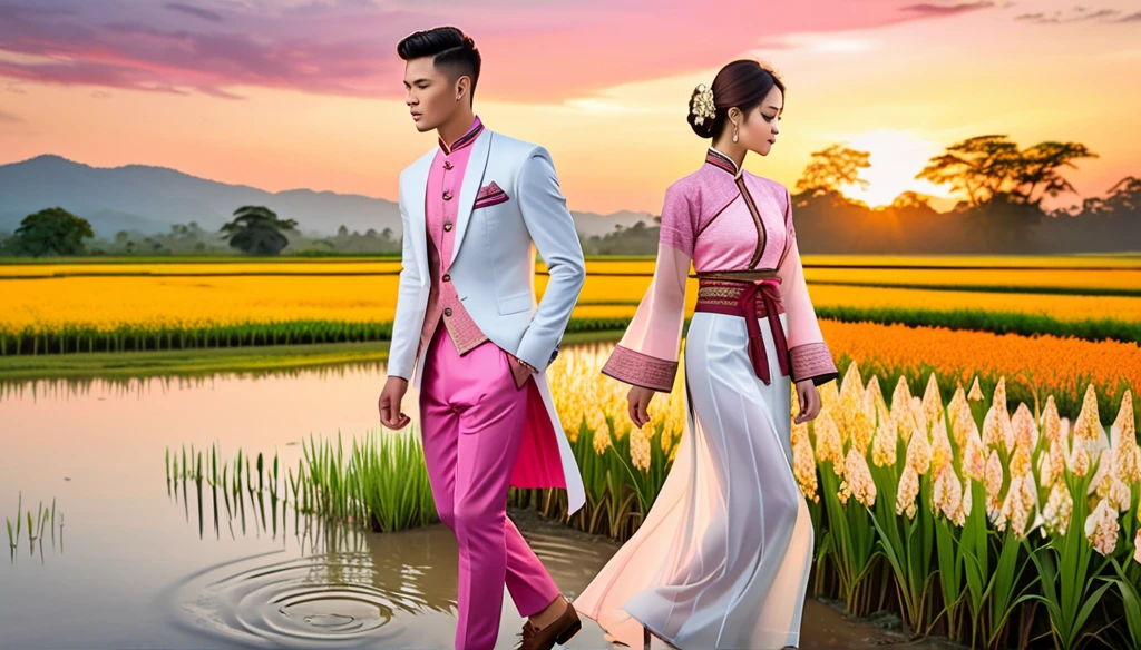 candid fashion illustration of young man and women, 20-27 year old, adorned in a meticulously crafted North Thai traditional outfits, Lampang, ((showcase fashion Lanna style in cotton handwoven in pink)), simple elegant style, The man wears a simple long-sleeved white mandarin collar suit, paired with Tailor pants, and oxford shoes, The woman complements him with ankle-length wrap skirt, simple minimal patterns details, fitted intricately decorated waist-length blouse that complements the skirt, standing, Set against the backdrop of a breathtaking sunset at countryside, Chiangmai, rice farm, wild flower, Captured in full-body image, ((imperfect water color background)), sketching, realistic drawing, imperfect water color painting, fashion look book, fashion illustrator, sketch design, the image boasts high-quality, Lanna, North Thai traditional costume.