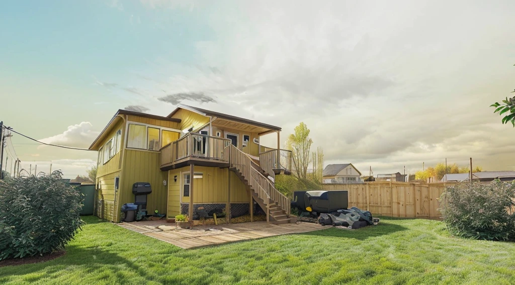 photo of a 2 story back yard with a shed bushes surrounding the yard yellow siding on the home cloudy day