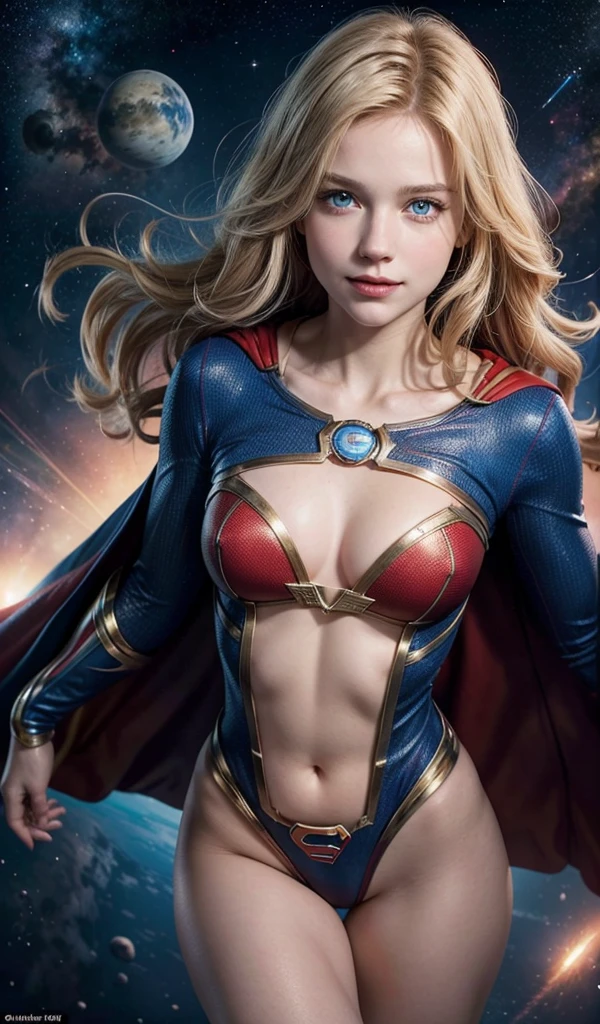 The actress Nata Lee as Supergirl, actoon pose, perfect curves, red cape, extremely beautiful blue eyes, extremely smooth curves, beautiful blond hair, underneath view angle, space proof background 