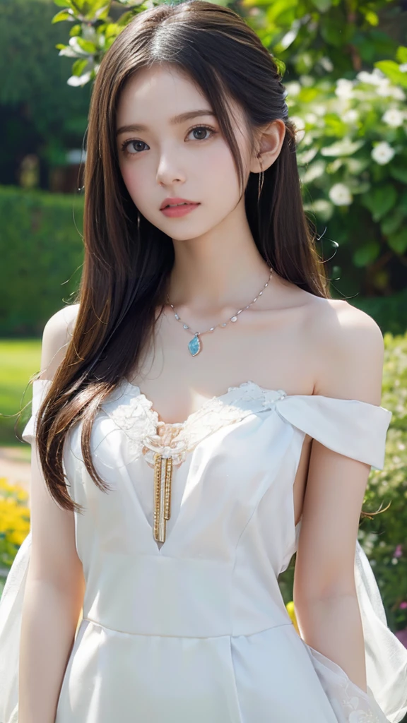 landscape、(Image looking from the chest up:1.6)、Close-up of a woman wearing a white off-shoulder top and earrings, necklace，Soft portrait shots 8 k, Cute and delicate face, High-quality 4K portraits, High quality portrait, Soft and flawless pale skin, 8k highly detailed face, Beautiful delicate face, Beautiful bright big eyes, Beautiful and realistic faces, beautiful young woman with, Beautiful and realistic faces, Cute young woman，garden，outdoor