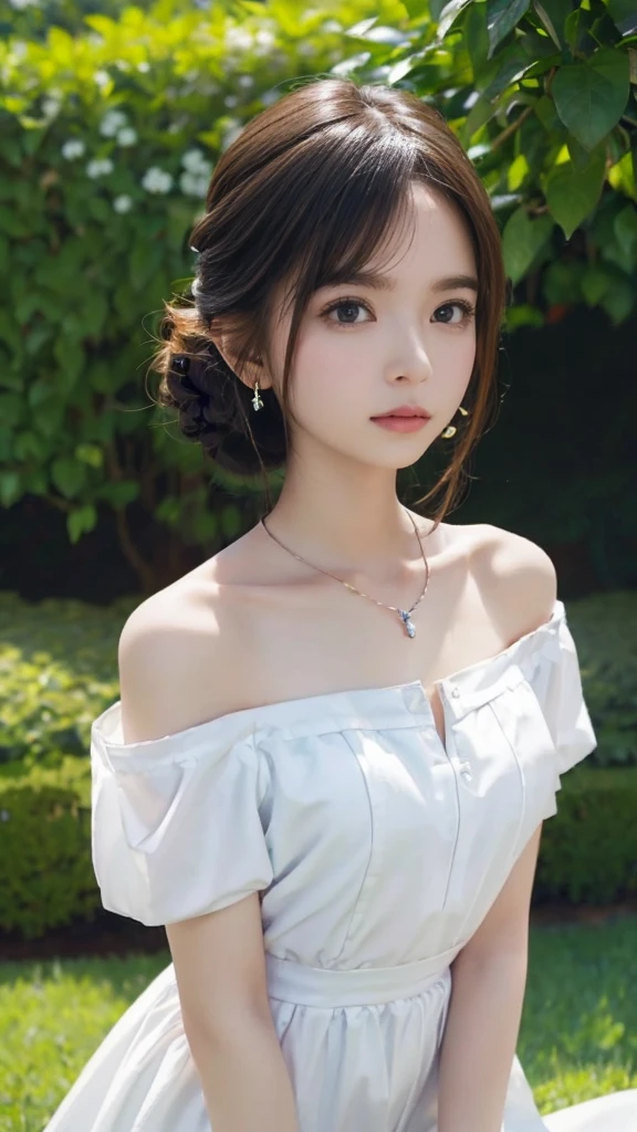 landscape、(Image looking from the chest up:1.6)、Close-up of a woman wearing a white off-shoulder top and earrings, necklace，Soft portrait shots 8 k, Cute and delicate face, High-quality 4K portraits, High quality portrait, Soft and flawless pale skin, 8k highly detailed face, Beautiful delicate face, Beautiful bright big eyes, Beautiful and realistic faces, beautiful young woman with, Beautiful and realistic faces, Cute young woman，garden，outdoor