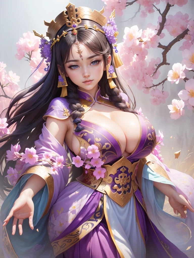 a woman in a purple honfu with flowers on her head, inspired by Ju Lian, inspired by Li Mei-shu, yun ling, inspired by Lan Ying, inspired by Wu Zuoren, inspired by Wu Bin, inspired by Pu Hua, ((a beautiful fantasy empress)), inspired by Qiu Ying, inspired by Wu Li, , Highly detailed CG unit 8k wallpaper, masterpiece, High resolution, highest quality, highest quality real texture skin, Super Real, Digital Painting, Best image quality, 最High resolution, 8k, ((Highly detailed eyes and face, Beautiful eyes every detail)), 1girl, Full Body Shot, Saggy breasts, Gravity-dependent breasts, long chest, Heavy chest, disproportionate breasts, huge breasts, sagging breasts, gigantic breasts, erect nipple, smile,