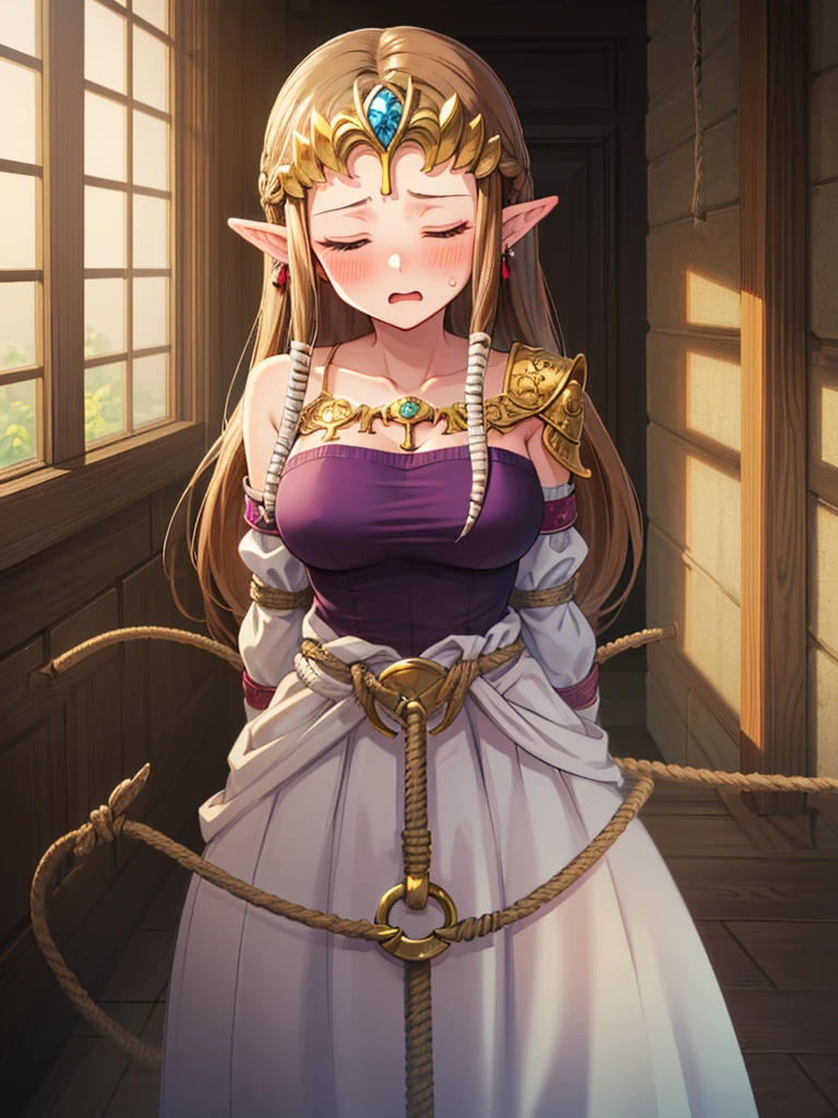 ((((restrained, shackles, rope)))),((surprised),((Scared)),((A large amount of thick rope)),((((Exposed shoulders)))),(((A lot of rope around the waist))),,(((Golden hair ornament)),,(((Long Hair)))),((Big Breasts)),((((Exposed shoulders)))),(()),Princess Zelda, ((Highest quality)),,(Very detailed) ,((Purple blouse)),Brown Hair,((Embarrassed look)),blush, ((Highest quality)), (Very detailed), ,(((Dark brown hair))),Nintendo, (Straight hair), face,blush,((Close your eyes)), ((Highest quality)), (Very detailed), ,